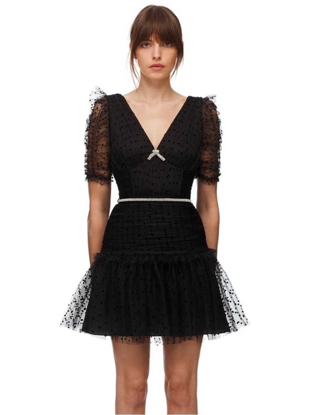 Self-Portrait Black Mini Tulle Dress with Puff Sleeves & Rhinestone Belt